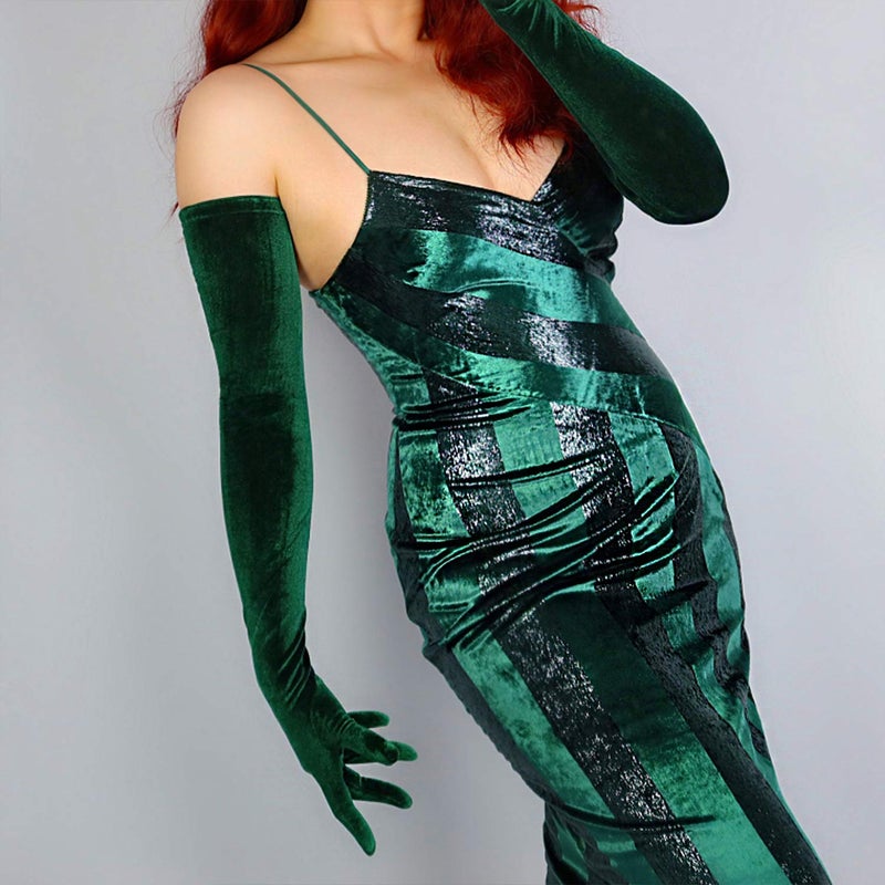DooWay Women Super Long Velvet Gloves Dark Green 28 inches Stretch Soft Opera Formal Halloween Christmas Party Gloves - Image 3